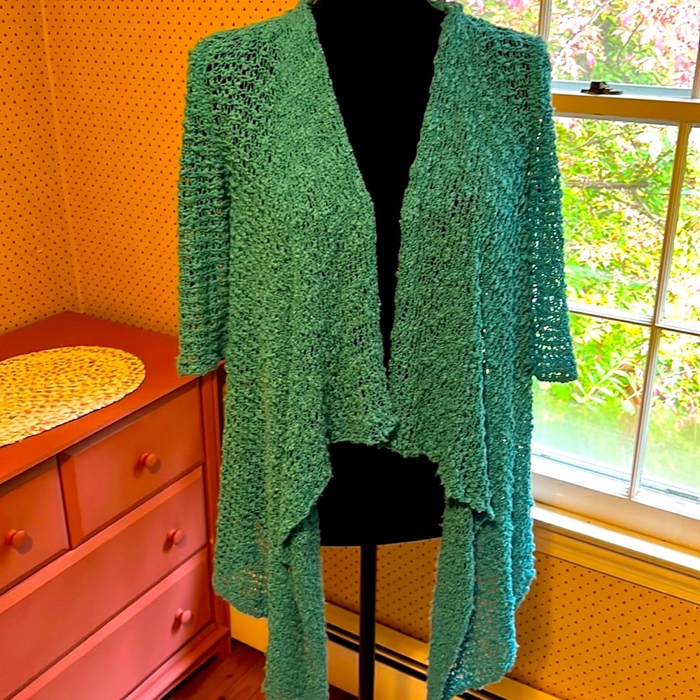 Kintamani by Wind River turquoise open weave cardigan, size small in EUC